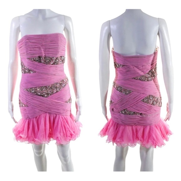SHERRI HILL Pink Silver Rhinestone Strapless Ruffle Mini Party Dress Size 8 - Picture 1 of 6